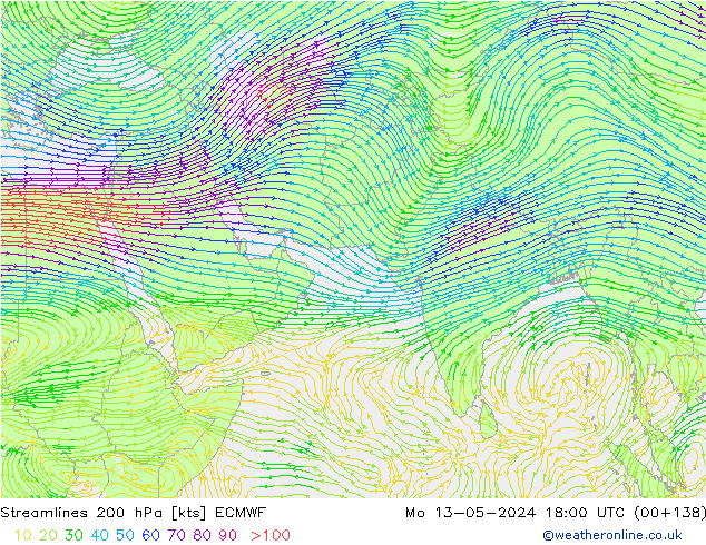 Linha de corrente 200 hPa ECMWF Seg 13.05.2024 18 UTC