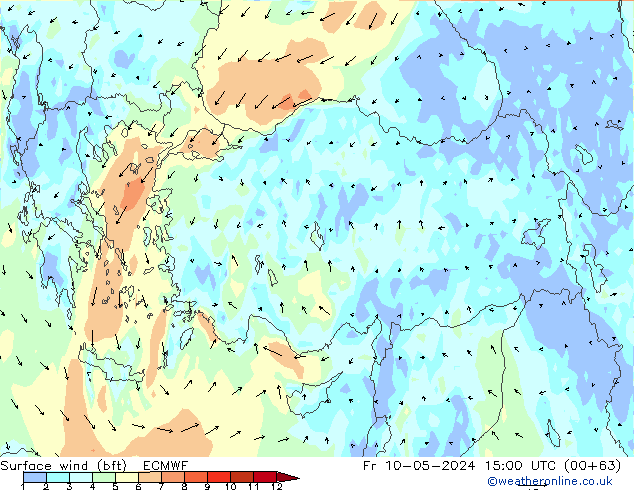 Surface wind (bft) ECMWF Fr 10.05.2024 15 UTC