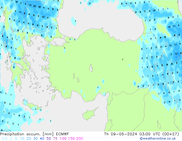 Precipitation accum. ECMWF Qui 09.05.2024 03 UTC