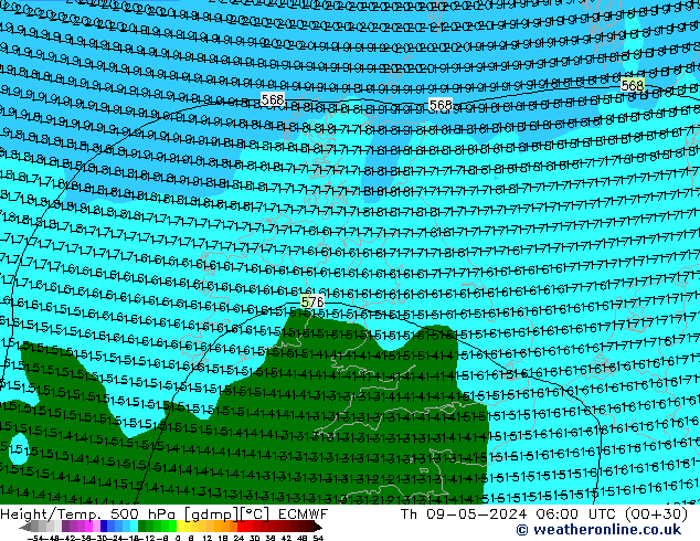 Z500/Rain (+SLP)/Z850 ECMWF jue 09.05.2024 06 UTC