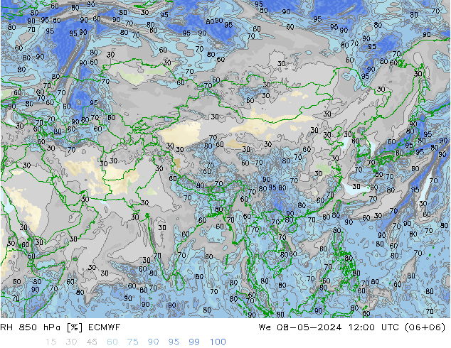 RH 850 hPa ECMWF mer 08.05.2024 12 UTC