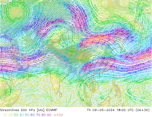 Streamlines 200 hPa ECMWF Čt 09.05.2024 18 UTC