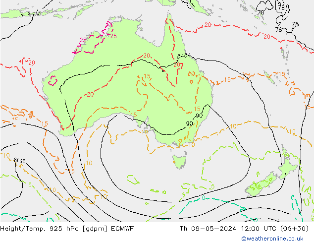 Hoogte/Temp. 925 hPa ECMWF do 09.05.2024 12 UTC