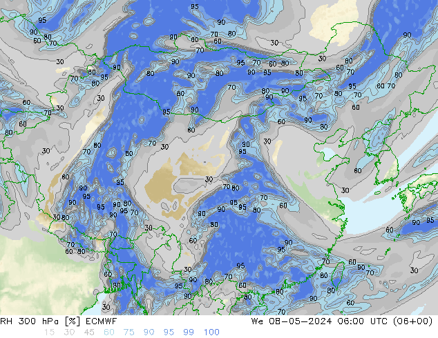 RH 300 hPa ECMWF 星期三 08.05.2024 06 UTC