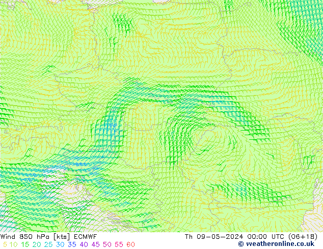 Wind 850 hPa ECMWF Th 09.05.2024 00 UTC