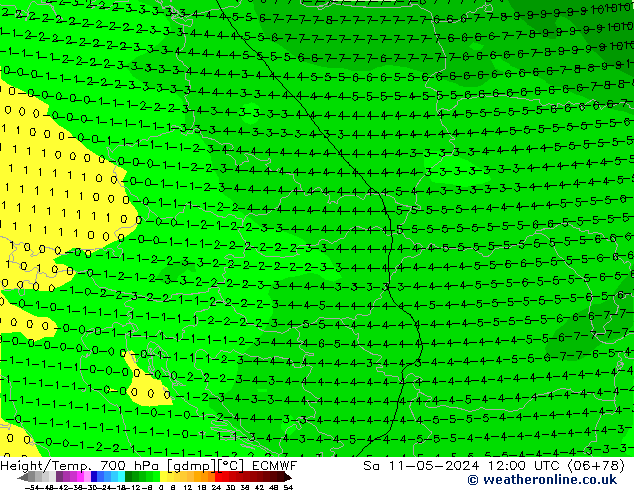 Hoogte/Temp. 700 hPa ECMWF za 11.05.2024 12 UTC