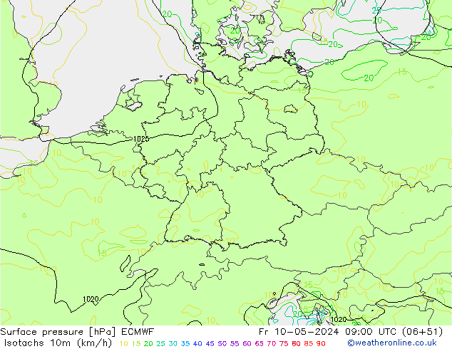 Isotachs (kph) ECMWF Fr 10.05.2024 09 UTC