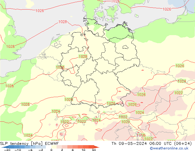 SLP tendency ECMWF Th 09.05.2024 06 UTC