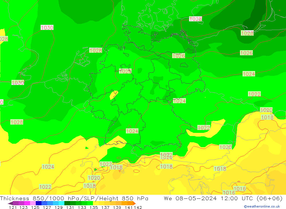 Thck 850-1000 hPa ECMWF We 08.05.2024 12 UTC