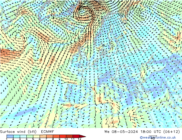 wiatr 10 m (bft) ECMWF śro. 08.05.2024 18 UTC