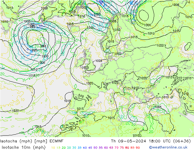 Isotachen (mph) ECMWF do 09.05.2024 18 UTC