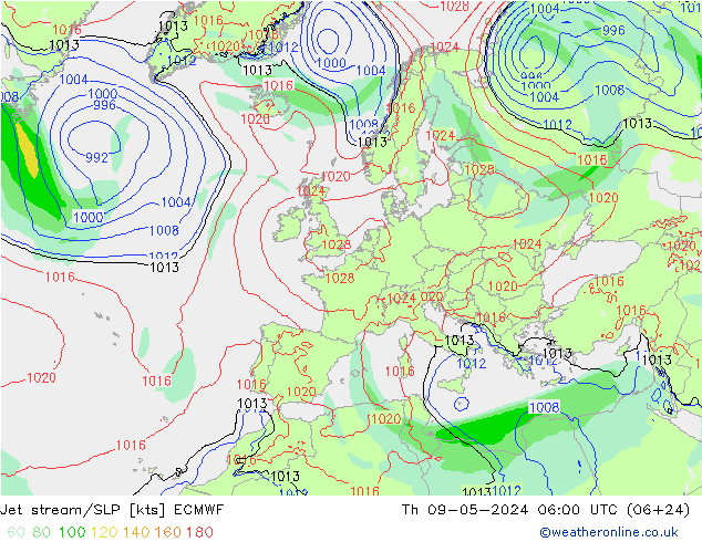 Jet stream/SLP ECMWF Th 09.05.2024 06 UTC