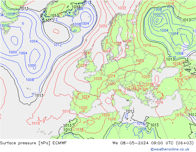 Presión superficial ECMWF mié 08.05.2024 09 UTC