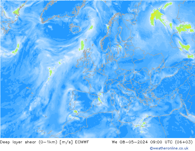 Deep layer shear (0-1km) ECMWF śro. 08.05.2024 09 UTC
