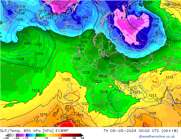 SLP/Temp. 850 hPa ECMWF Qui 09.05.2024 00 UTC