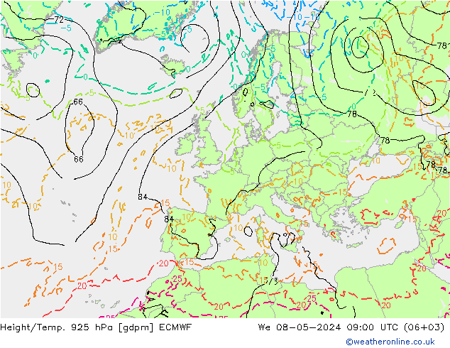 Height/Temp. 925 hPa ECMWF śro. 08.05.2024 09 UTC