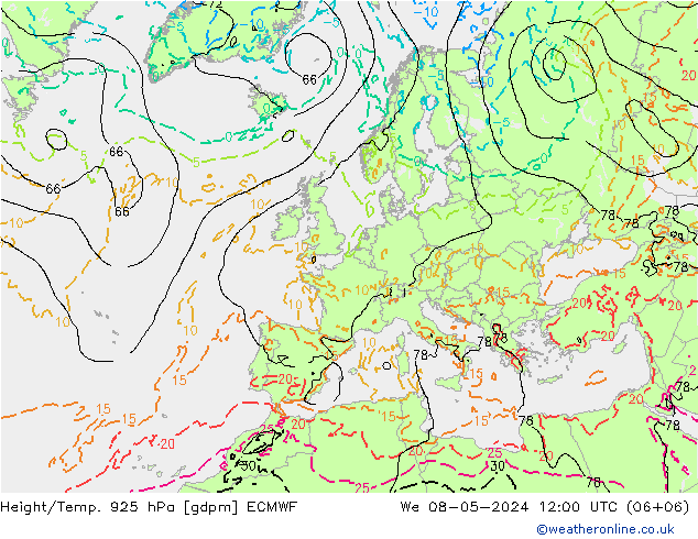 Height/Temp. 925 hPa ECMWF 星期三 08.05.2024 12 UTC