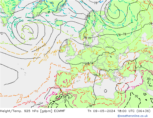 Height/Temp. 925 hPa ECMWF Do 09.05.2024 18 UTC