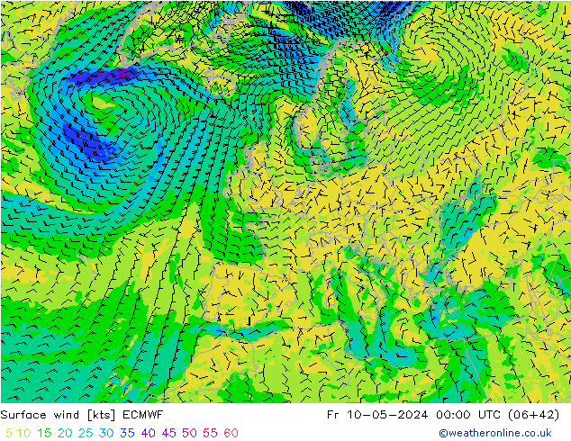 Vento 10 m ECMWF Sex 10.05.2024 00 UTC