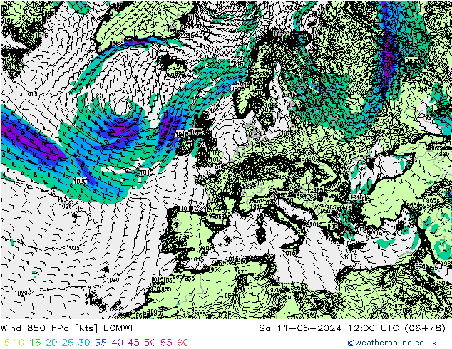 ветер 850 гПа ECMWF сб 11.05.2024 12 UTC