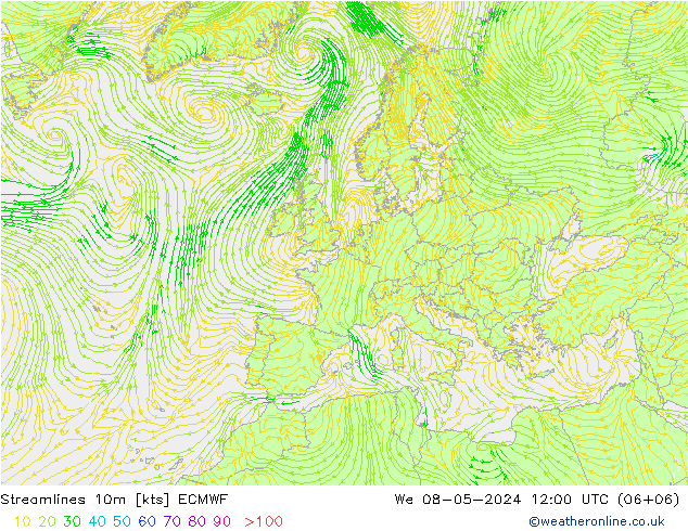 Streamlines 10m ECMWF We 08.05.2024 12 UTC