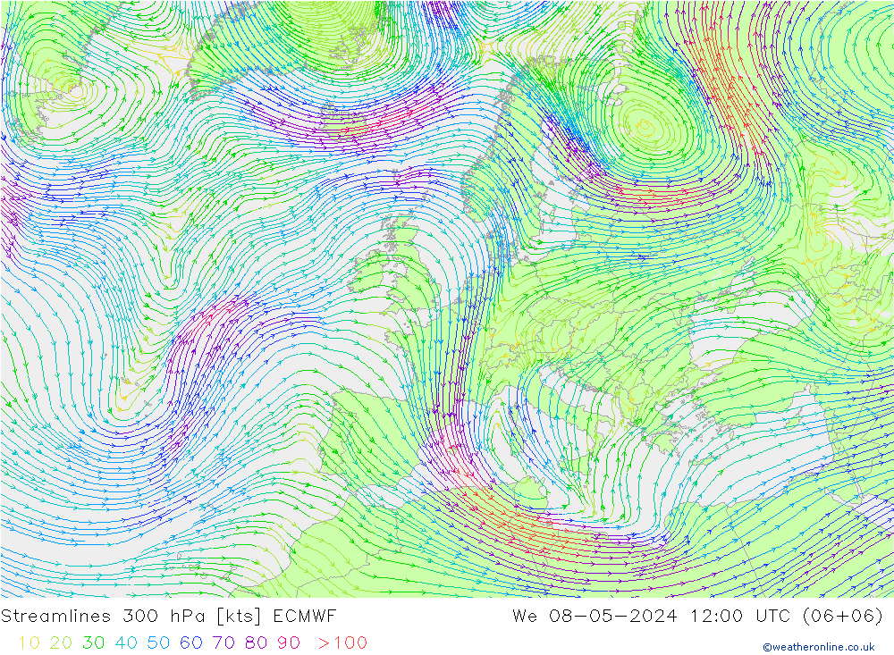 Línea de corriente 300 hPa ECMWF mié 08.05.2024 12 UTC