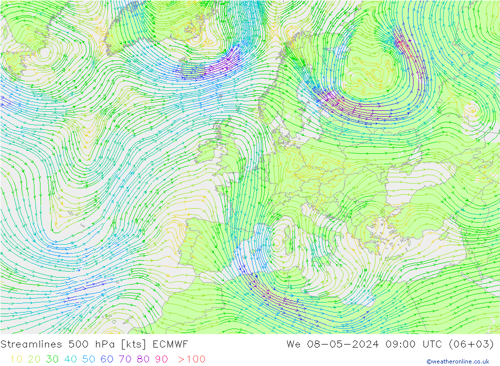 Línea de corriente 500 hPa ECMWF mié 08.05.2024 09 UTC