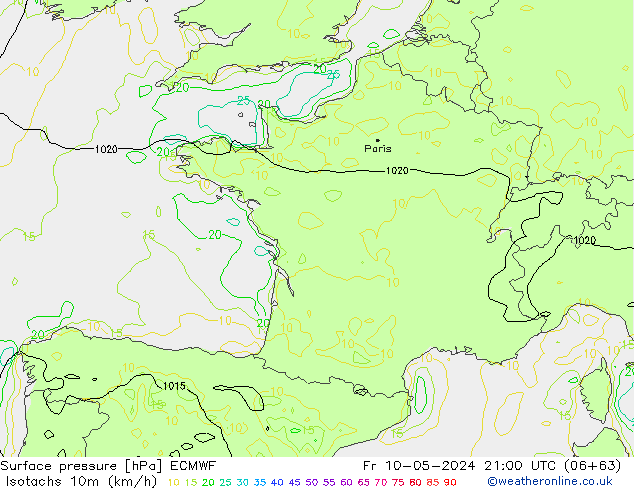 Isotachs (kph) ECMWF Fr 10.05.2024 21 UTC
