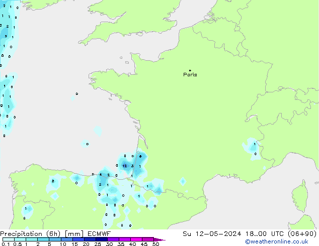 Precipitation (6h) ECMWF Su 12.05.2024 00 UTC