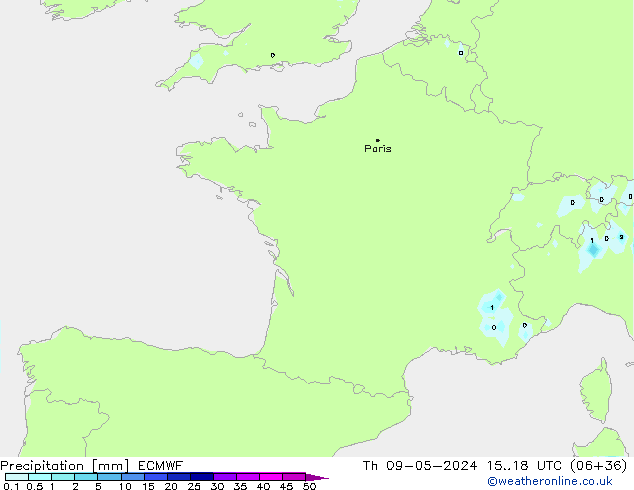 Srážky ECMWF Čt 09.05.2024 18 UTC