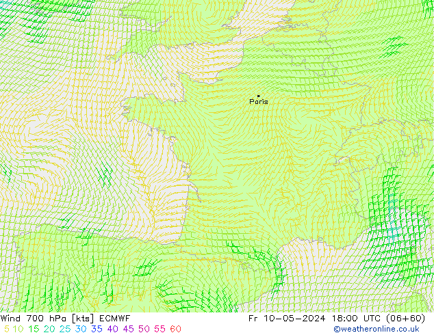 Wind 700 hPa ECMWF vr 10.05.2024 18 UTC