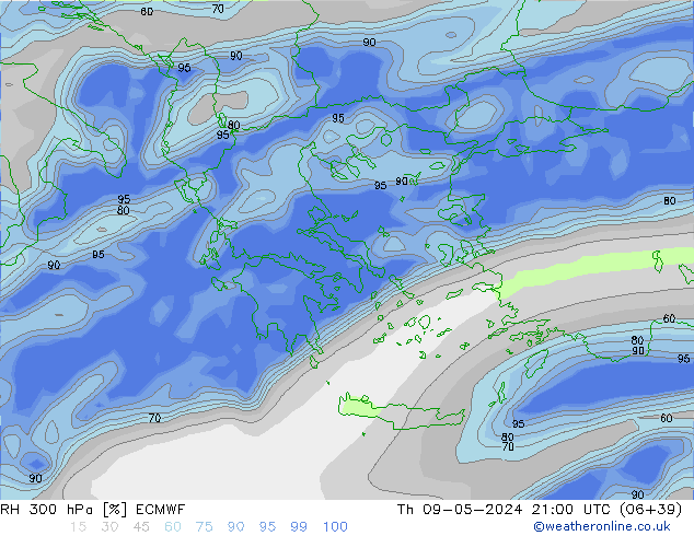 RH 300 hPa ECMWF Čt 09.05.2024 21 UTC