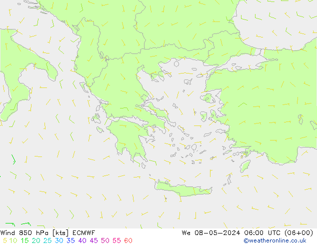 wiatr 850 hPa ECMWF śro. 08.05.2024 06 UTC