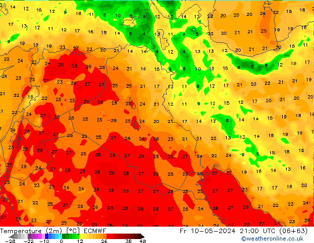 Temperatuurkaart (2m) ECMWF vr 10.05.2024 21 UTC