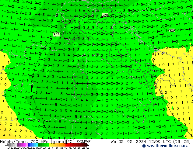 Height/Temp. 700 hPa ECMWF We 08.05.2024 12 UTC