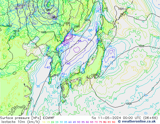 Eşrüzgar Hızları (km/sa) ECMWF Cts 11.05.2024 00 UTC