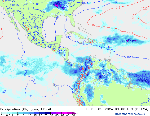 Totale neerslag (6h) ECMWF do 09.05.2024 06 UTC