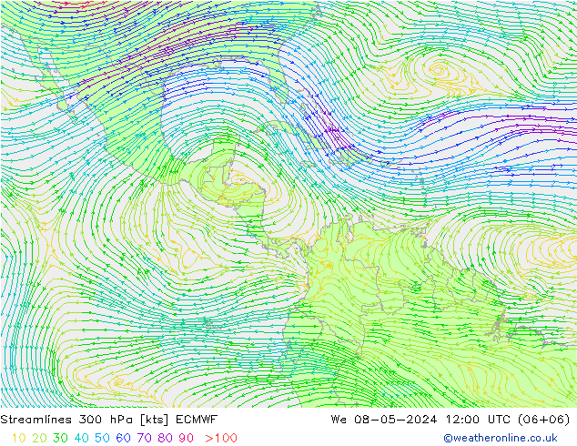 Linea di flusso 300 hPa ECMWF mer 08.05.2024 12 UTC