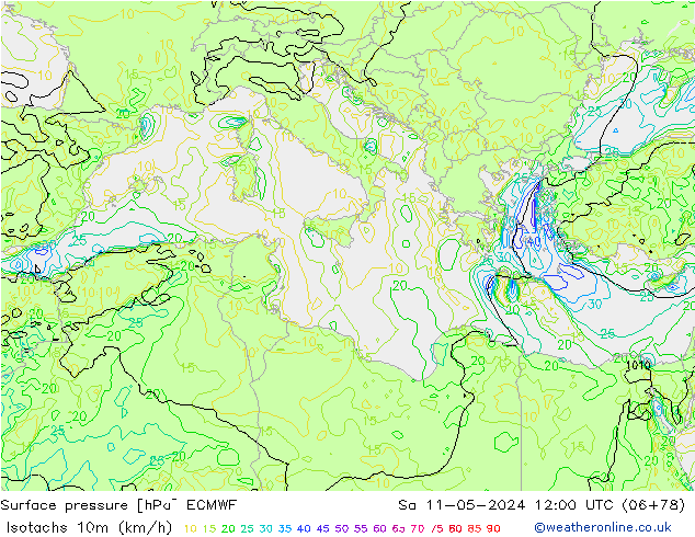 Isotachs (kph) ECMWF Sa 11.05.2024 12 UTC