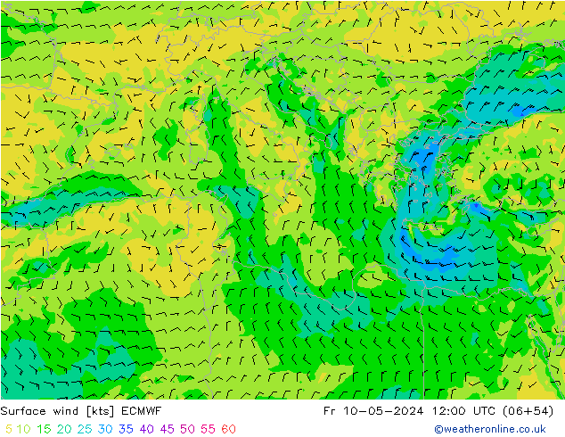 Surface wind ECMWF Pá 10.05.2024 12 UTC