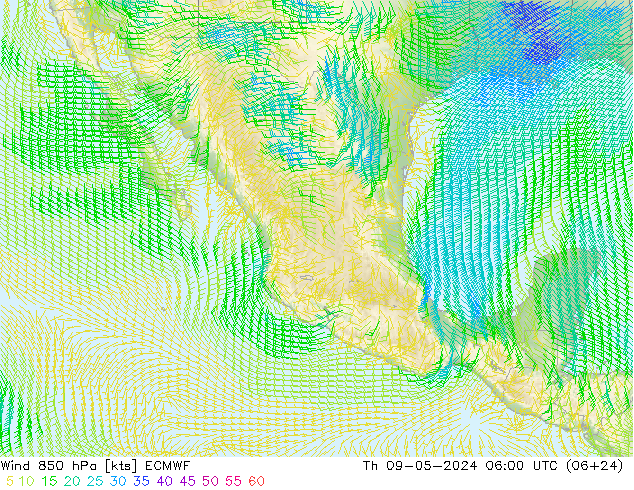 Viento 850 hPa ECMWF jue 09.05.2024 06 UTC