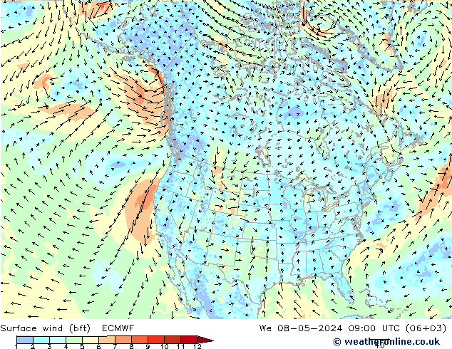 Surface wind (bft) ECMWF We 08.05.2024 09 UTC