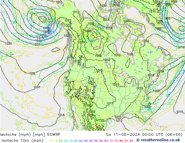 Isotachs (mph) ECMWF сб 11.05.2024 00 UTC