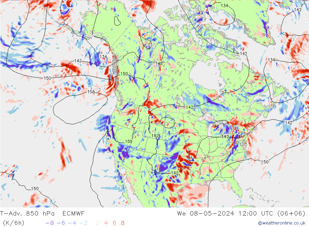 T-Adv. 850 hPa ECMWF wo 08.05.2024 12 UTC