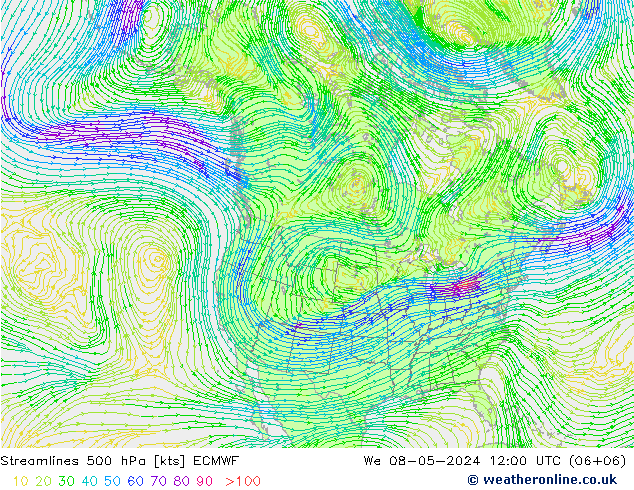 Stromlinien 500 hPa ECMWF Mi 08.05.2024 12 UTC