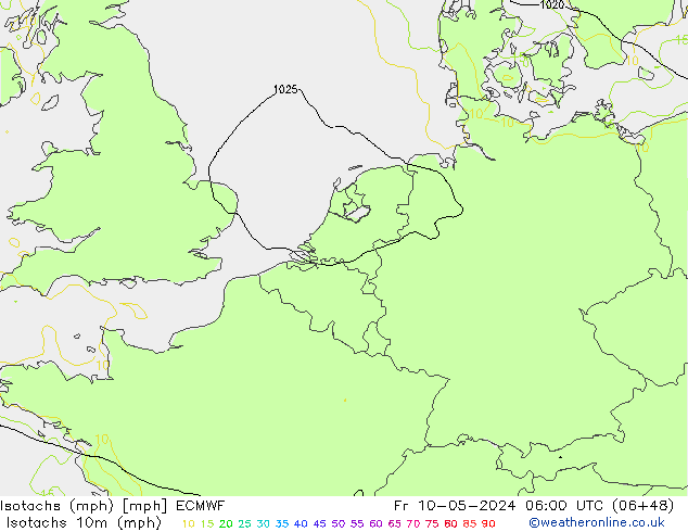 Isotachen (mph) ECMWF Fr 10.05.2024 06 UTC