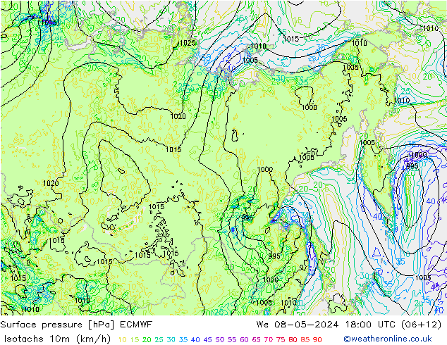 Isotachs (kph) ECMWF We 08.05.2024 18 UTC