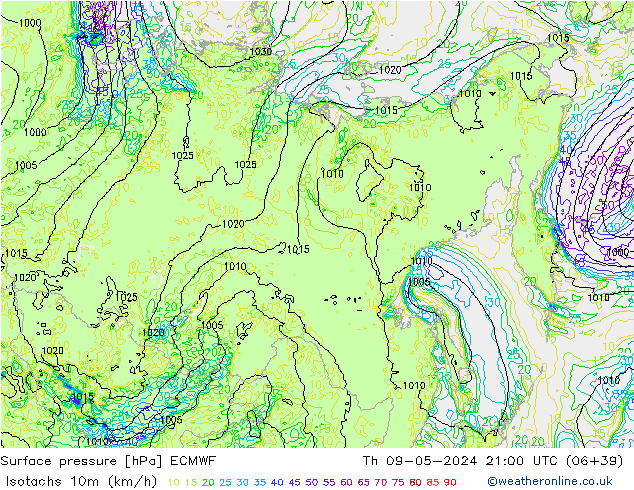 Isotachen (km/h) ECMWF do 09.05.2024 21 UTC