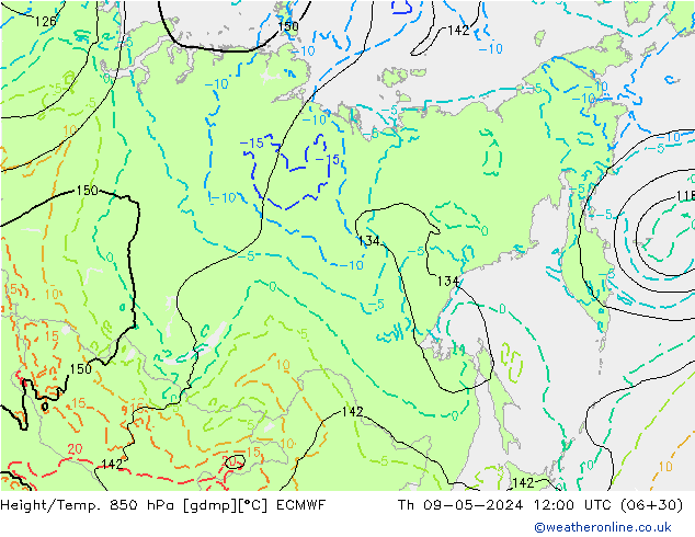 Height/Temp. 850 hPa ECMWF Th 09.05.2024 12 UTC