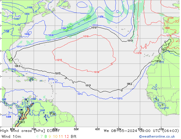 High wind areas ECMWF We 08.05.2024 09 UTC
